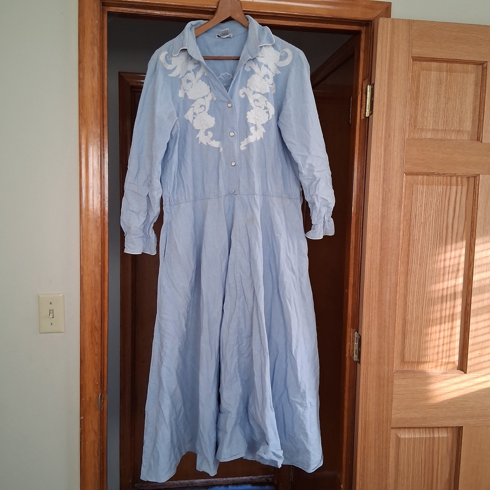 ACCESS Light Blue Long Sleeve Dress with White Embroidery